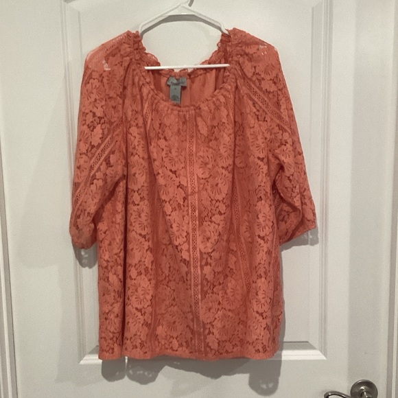 Catherines Tops - Catherines Plus Size Coral Floral Lace Blouse 1X